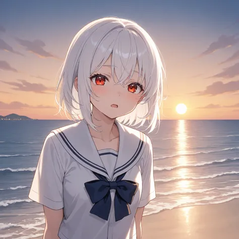 horizon,  with an indolent expression,  high school girl, ocean, chest, open mouth, white hair, 