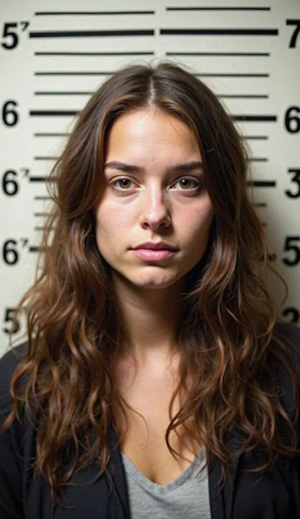 Image is a portrait-style photograph featuring a woman with long, wavy brown hair, positioned against a height chart background. The chart displays horizontal black lines and numbers indicating height in feet and inches on the left side, and centimeters on...