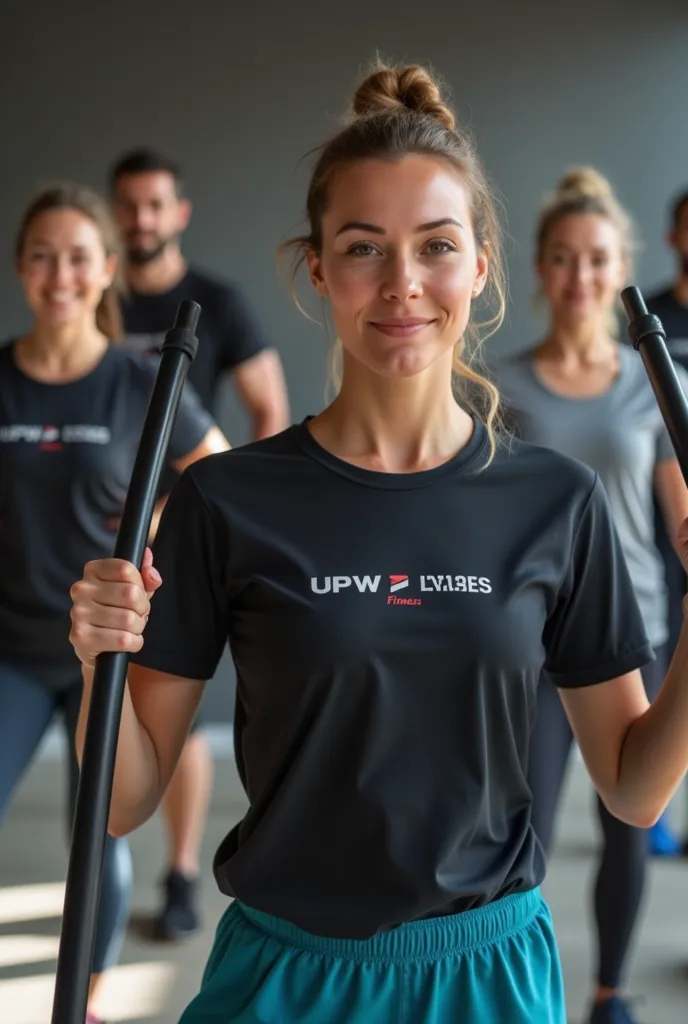 generates people of different ages,  Varied hair , varied skin color,  wearing gym clothes, place a logo written UPW Fitness, on the t-shirts doing yoga exercises with a straight black plastic tube with a 1-inch diameter and 120 cm long in a gym environmen...