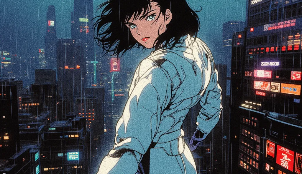 "A full-body anime character in the style of Masamune Shirow's Ghost in the Shell, standing on the edge of a skyscraper rooftop at night. She has a fit, athletic physique with toned curves and a well-proportioned, elegant figure. She is dressed in a sleek,...