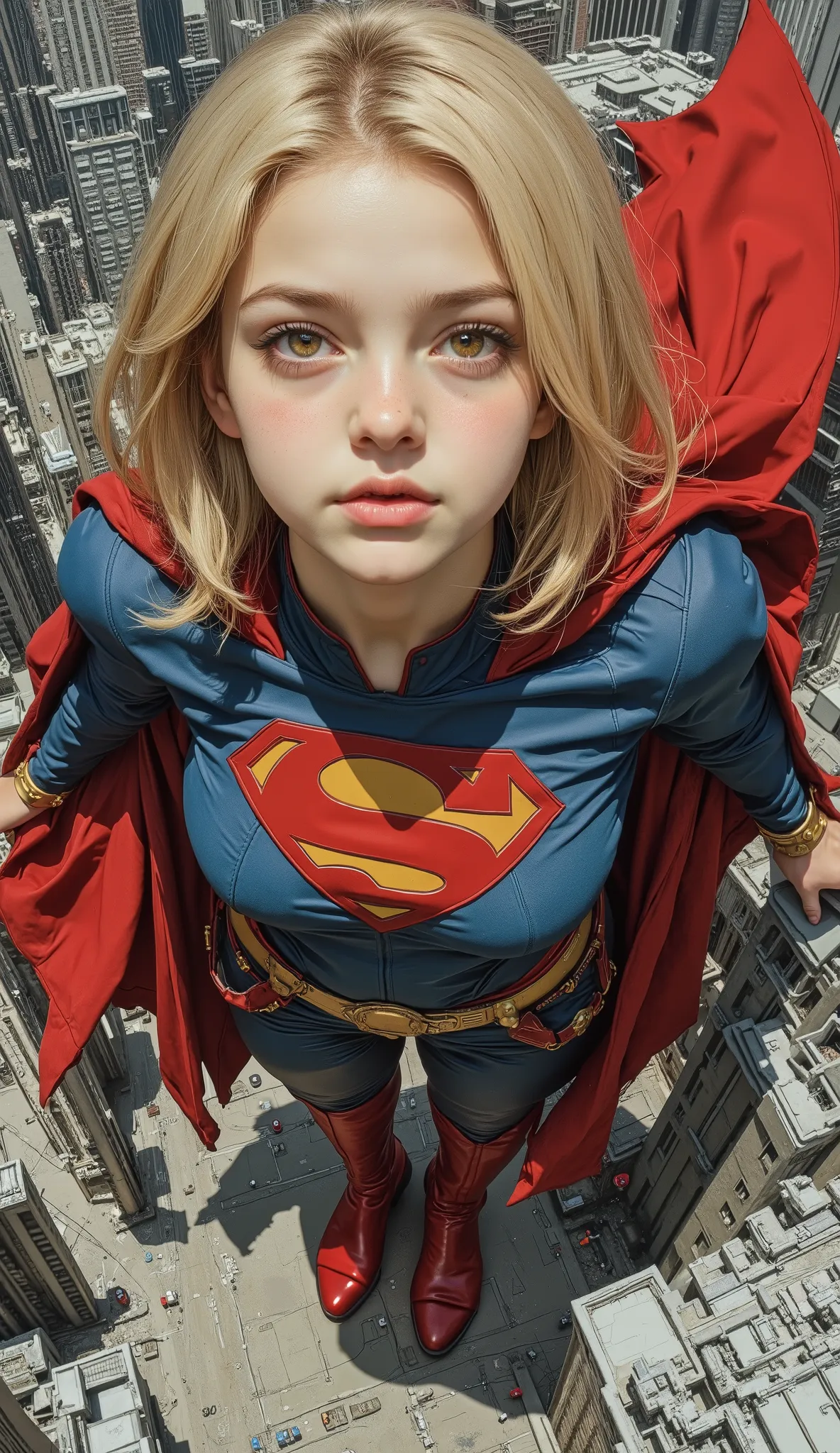 shot from above、There is a picture of Supergirl,  Inspired by Katsuhiro Otomo , otomo katsuhiro style, by Otomo Katsuhiro,  Katsuhiro Otomo style, Artist: Otomo Katsuhiro, Dynamic Guidance Art, Dynamic Guidance Artwork, Otomo Katsuhiro、