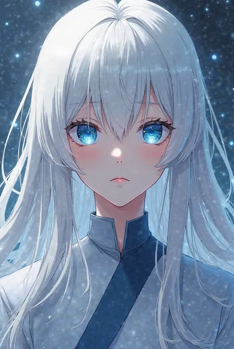 A boy anime character, white hair, long hair,  straight hair, blue eyes, beautiful, design,  Japanese anime .