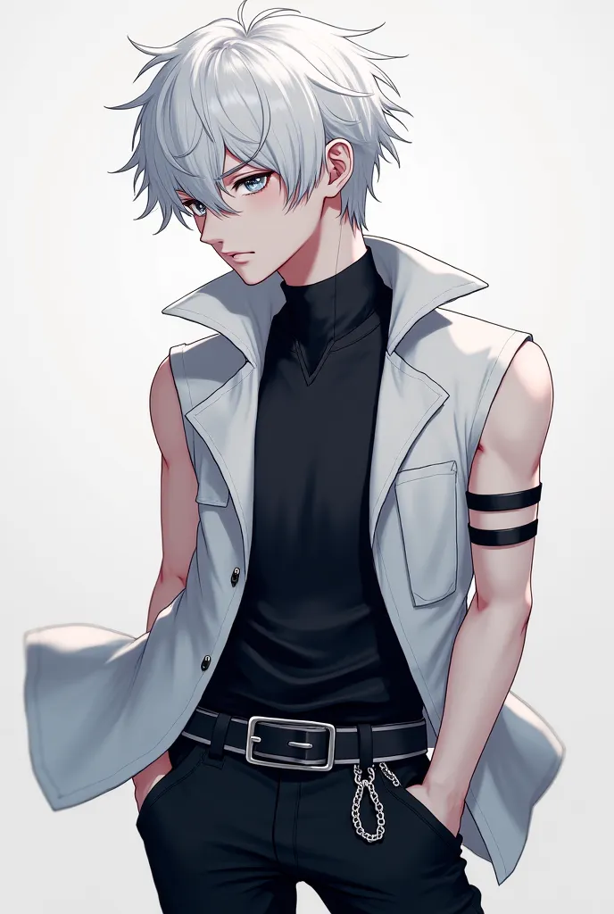 Anime man with white hair light skin gray eyes black shirt white sleeveless jacket black pants white shoes and a chain on the pants for profile photo 