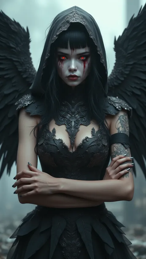 standing in front of an old graveyard、A furious and threatening Japanese girl。chic black hooded dress Wear、intricate patterns are applied to her dress、large black angel wings spreading across her back。white makeup is applied to her face、tears of red blood ...