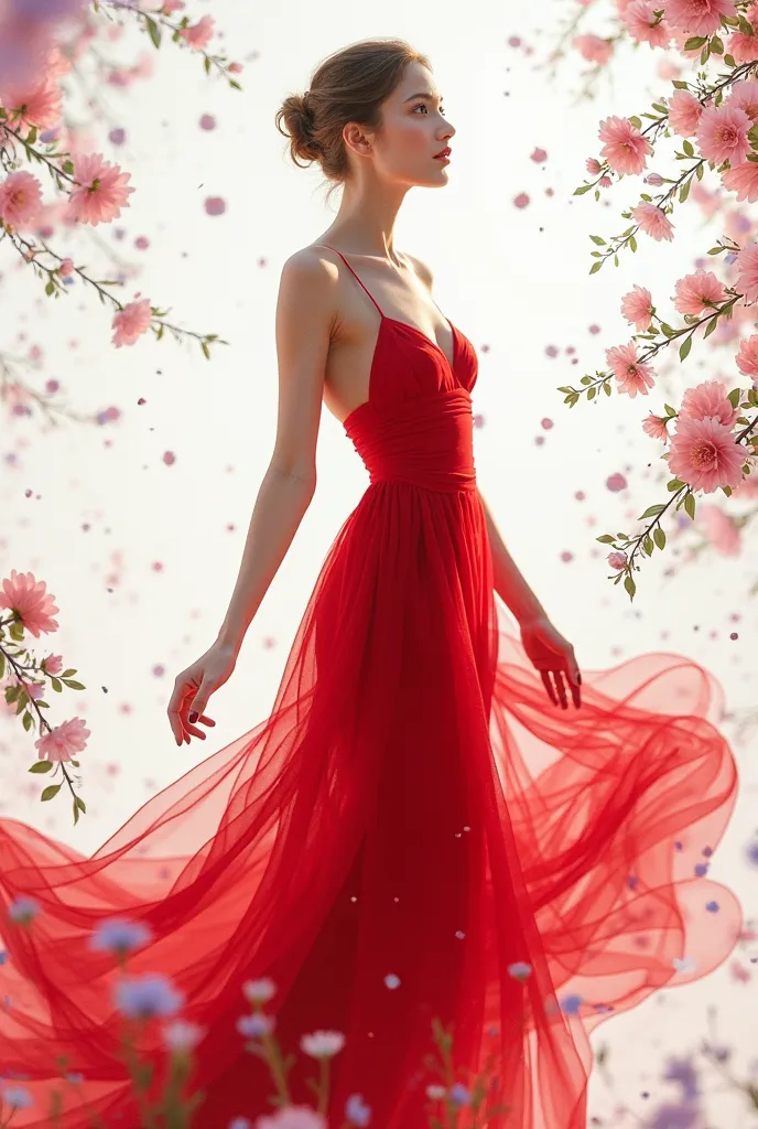 White background, one beautiful women, red dress, flower flight.