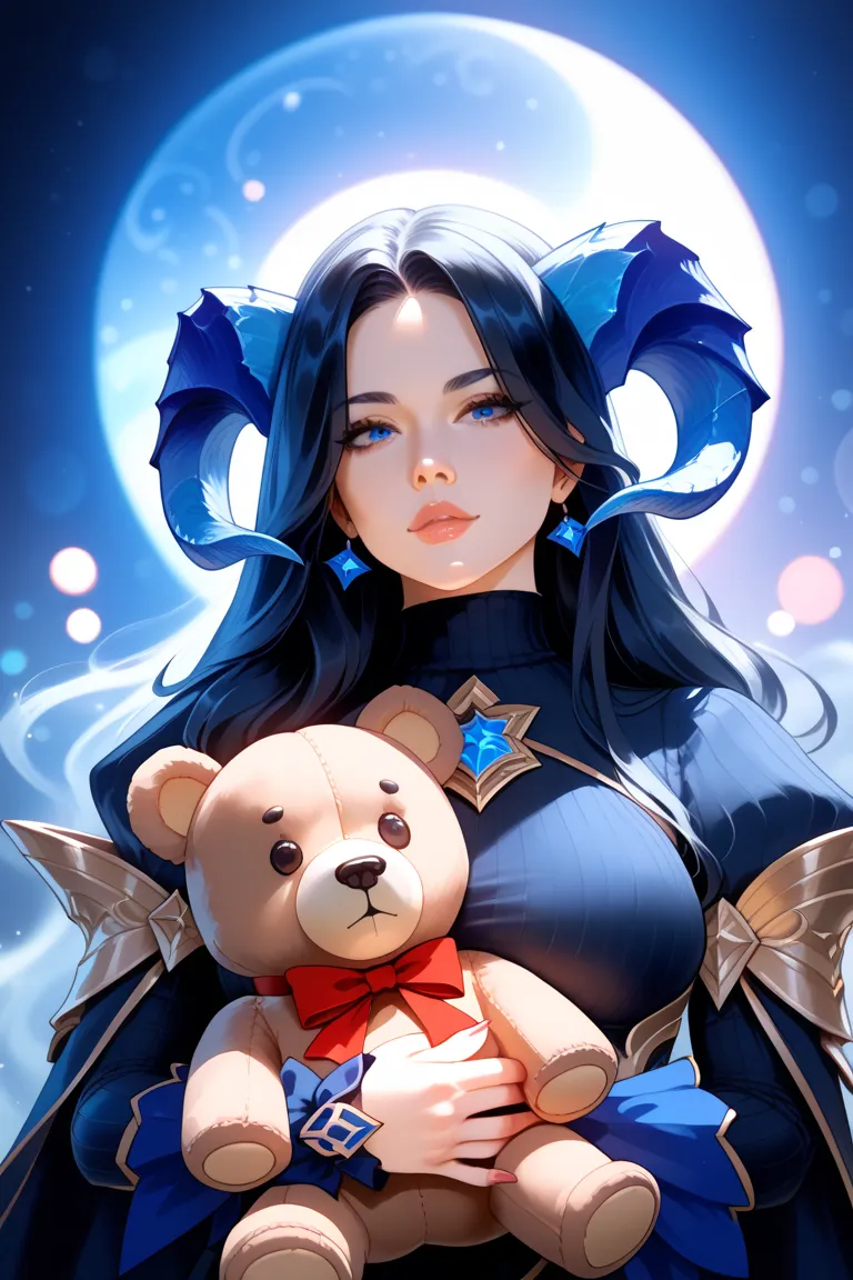 A black-haired woman with blue horns in a black turtleneck holds a teddy bear in her hands