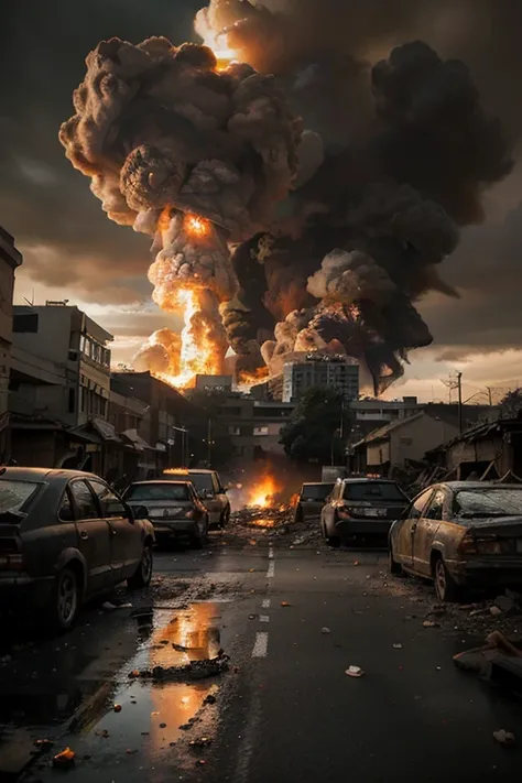 A highly realistic and dramatic scene depicting the aftermath of a nuclear bomb striking Jakarta. The foreground shows the iconic Jakarta skyline with towering skyscrapers, including the Monas monument, clearly visible. The skyline is partially obscured by...