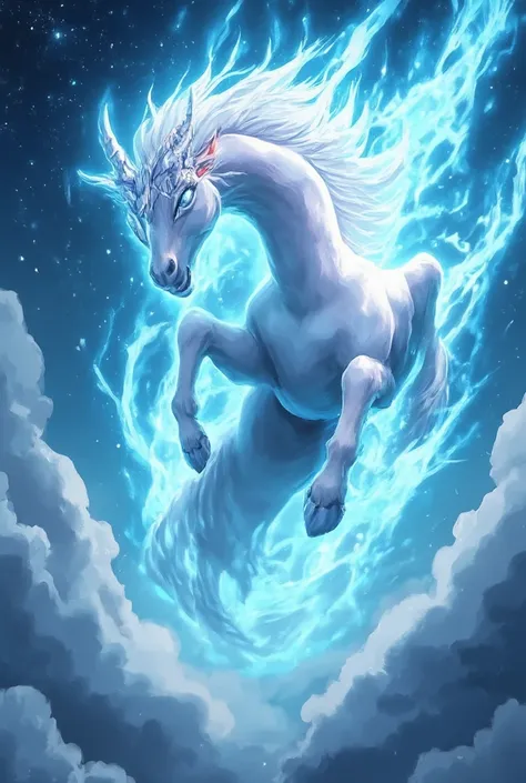 Kirin、Divine Beast、Wear a pale flame、Running through the sky、 blue eyes、Blue Aura