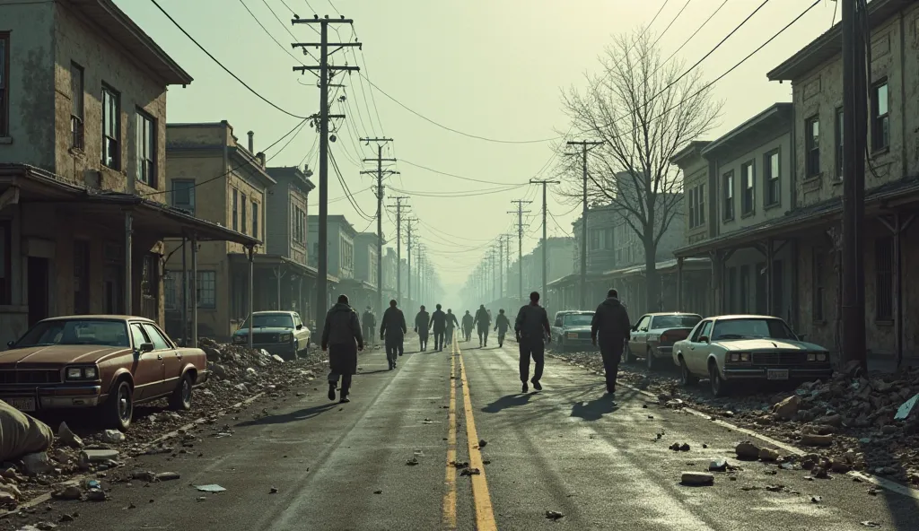 7. A deserted street in the town, littered with abandoned cars and broken glass. In the distance, shadowy figures shuffle aimlessly—infected townsfolk. (Stock Photo Style)