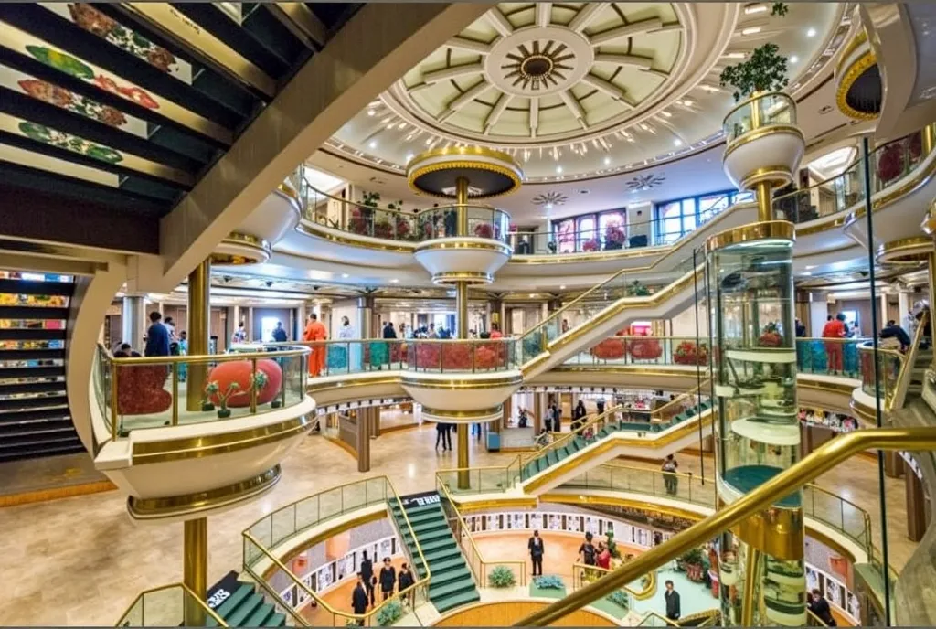 Transform this Atrium a masterpiece of modern architecture and luxurious. Add elegant elements, such as white marble columns with golden details, crystal chandeliers hanging from the vaulted ceiling, that is now adorned with oil paintings in pastel colors....