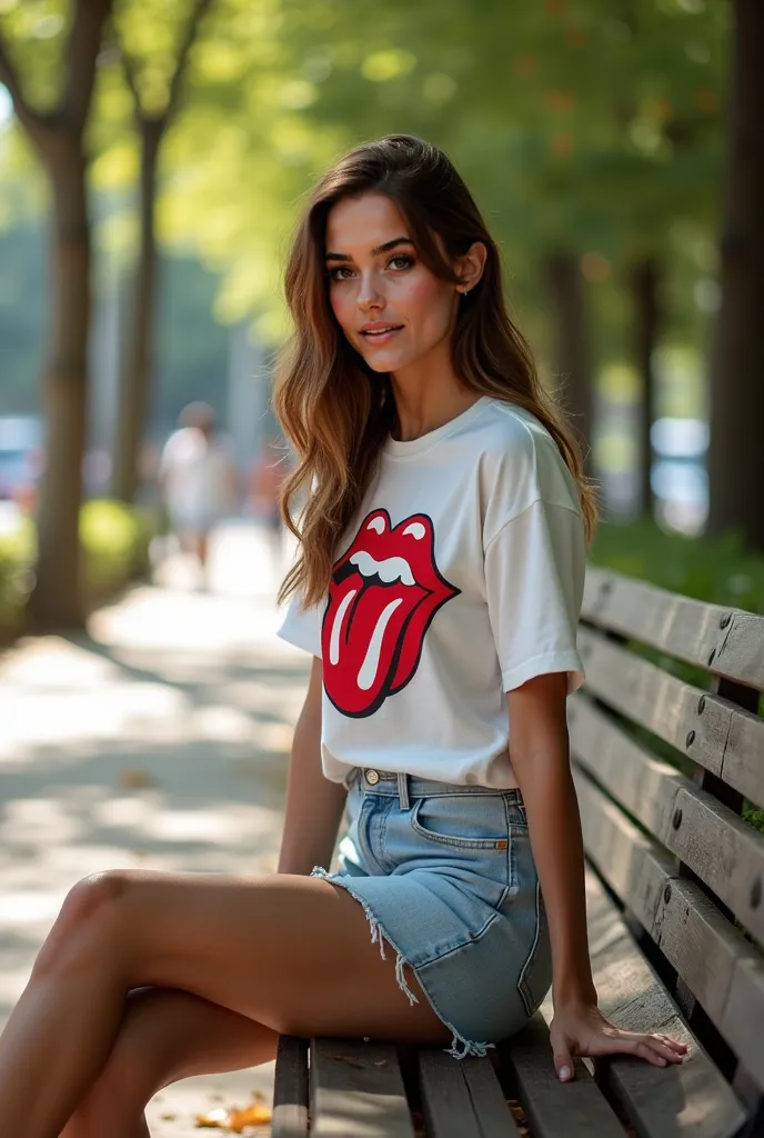 Brazilian model Isabela Duarte sits elegantly on a weathered wooden park bench, surrounded by the serene greenery of a quiet city park in the late afternoon. The sunlight filters softly through the leafy canopy above, casting a gentle glow on her medium-li...