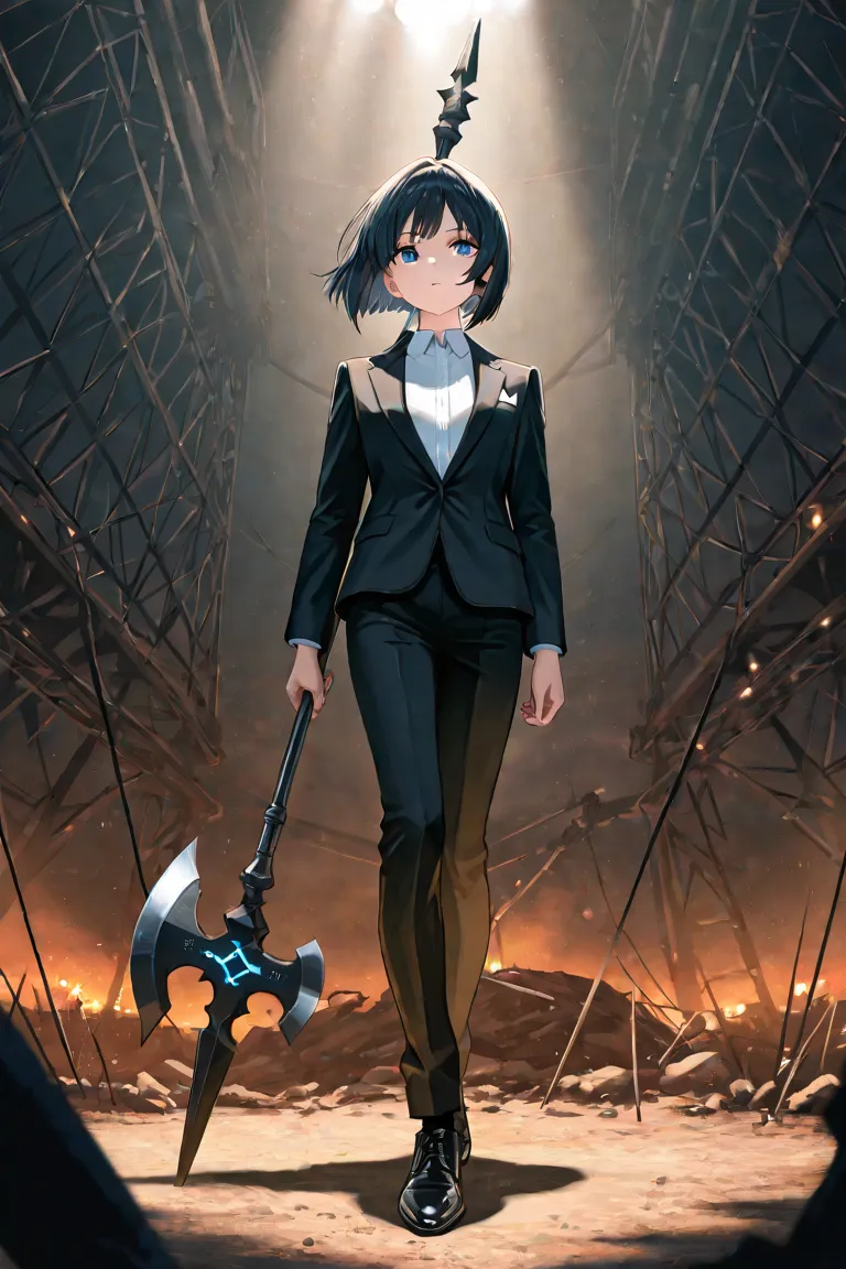 Cosply :  black hair,short bob,A beautiful boy in his s,Normal Human,excellent style,Petite, blue eyes,white shirt,black suit, black pants ,Black leather shoes,)Battlefield Background,I have a black halberd in my hand, studio lighting,( masterpiece, exhaus...