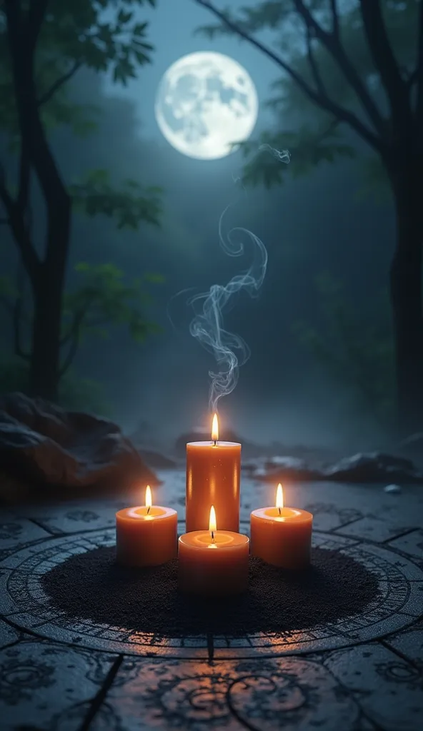 
Ritual Candles: Candles lit on a full moon, surrounded by black salt and magical symbols.