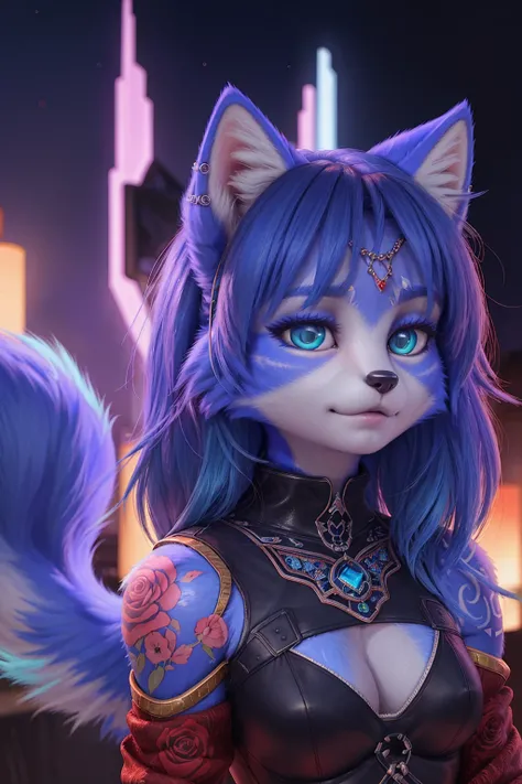 a portrait of   ((krystal)), Star Fox-Krystal, lovable,   green eyes, ((( Long blue hair 1 .3))),  cleavage, anthro, blurred,  detailed Fluffys fell, detailed face, (Fluffy),   1 girl, ,woman, Goth,   green eyes, Undercut, ultra-realistic 8k CG ,  masterpi...