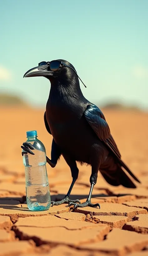 A lone crow stands in a dry, sun-scorched landscape, its glossy black feathers reflecting the harsh sunlight. It wears a pair of stylish sunglasses perched on its sharp beak, giving it an unusual yet striking appearance. In one of its talons, it clutches a...