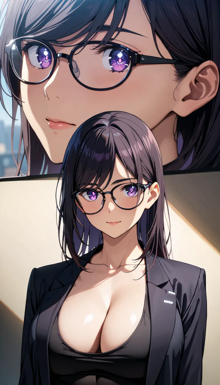 Hizuru Minakata, 1girl, black hair, shiny and well-defined hair strands, purple eyes, detailed reflective eyes, shining eyes, perfect facial symmetry, radiant skin glow, beautiful breasts, wearing a black jacket, black tank top, black trousers, suit, glass...