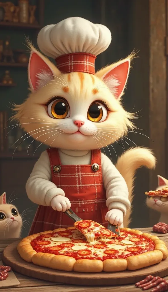 With a satisfied smile, the fluffy cream-colored cat with caramel spots on her ears and tail. Her eyes are large and golden, shining with culinary enthusiasm. She wears a red and white plaid apron with small embroidered pockets and a chef's hat at a slight...