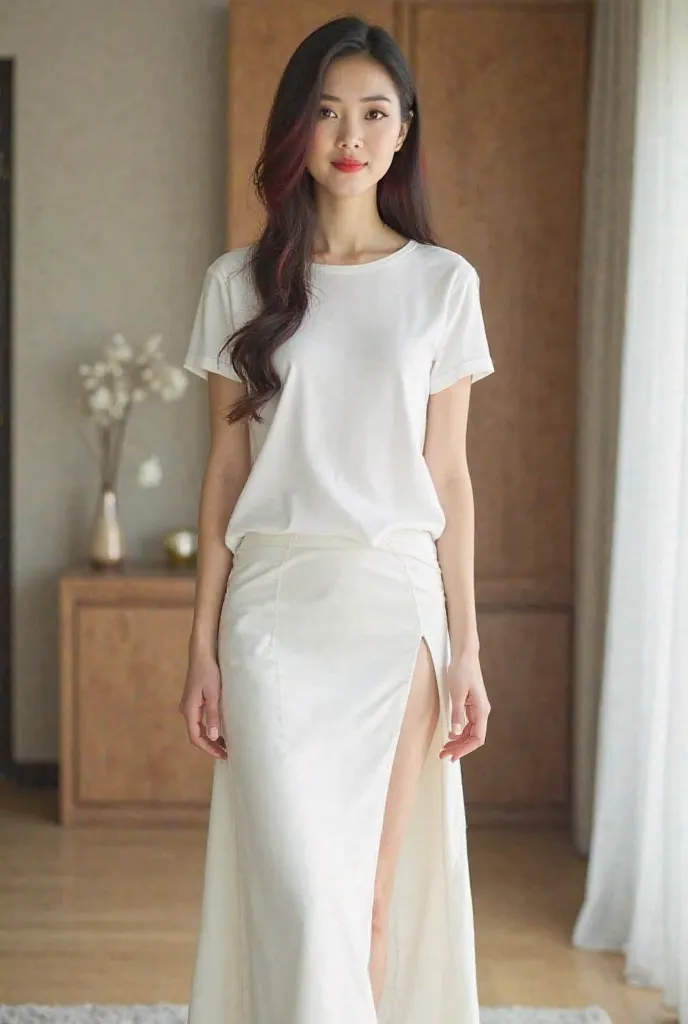 A beautiful japanese christian married woman wearing a drop shoulder white plane tshirt  with white long slit skirt.she have golden heels.she have makeup,red lips, brown eyes, very long Black with red.she cat walking style on the room.