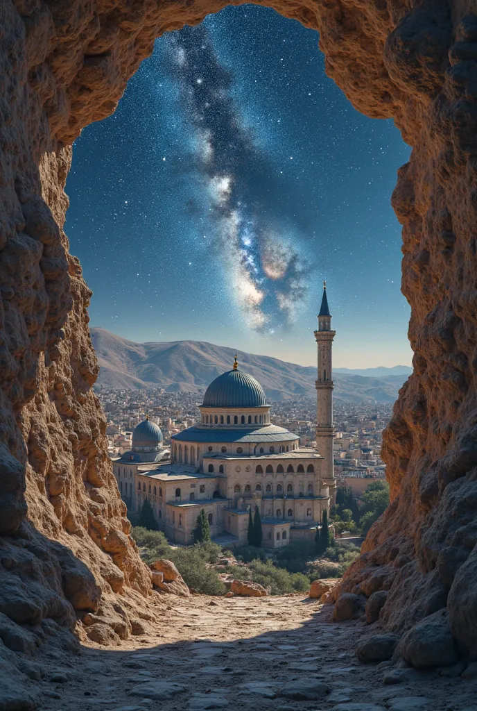 mosque aqsa with milky way in the gap of the hill which is very old