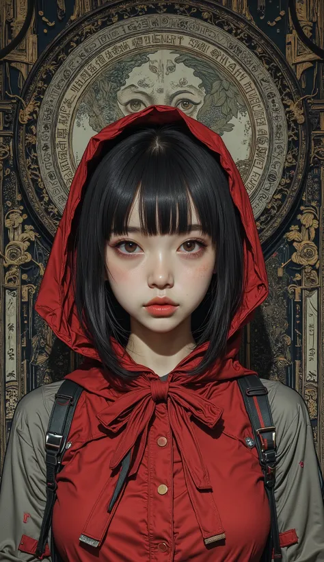 shot from above、There is a picture of Little Red Riding Hood, Inspired by Katsuhiro Otomo , otomo katsuhiro style, by Otomo Katsuhiro, Katsuhiro Otomo style, Artist: Otomo Katsuhiro, Dynamic Guidance Art, Dynamic Guidance Artwork, Otomo Katsuhiro、