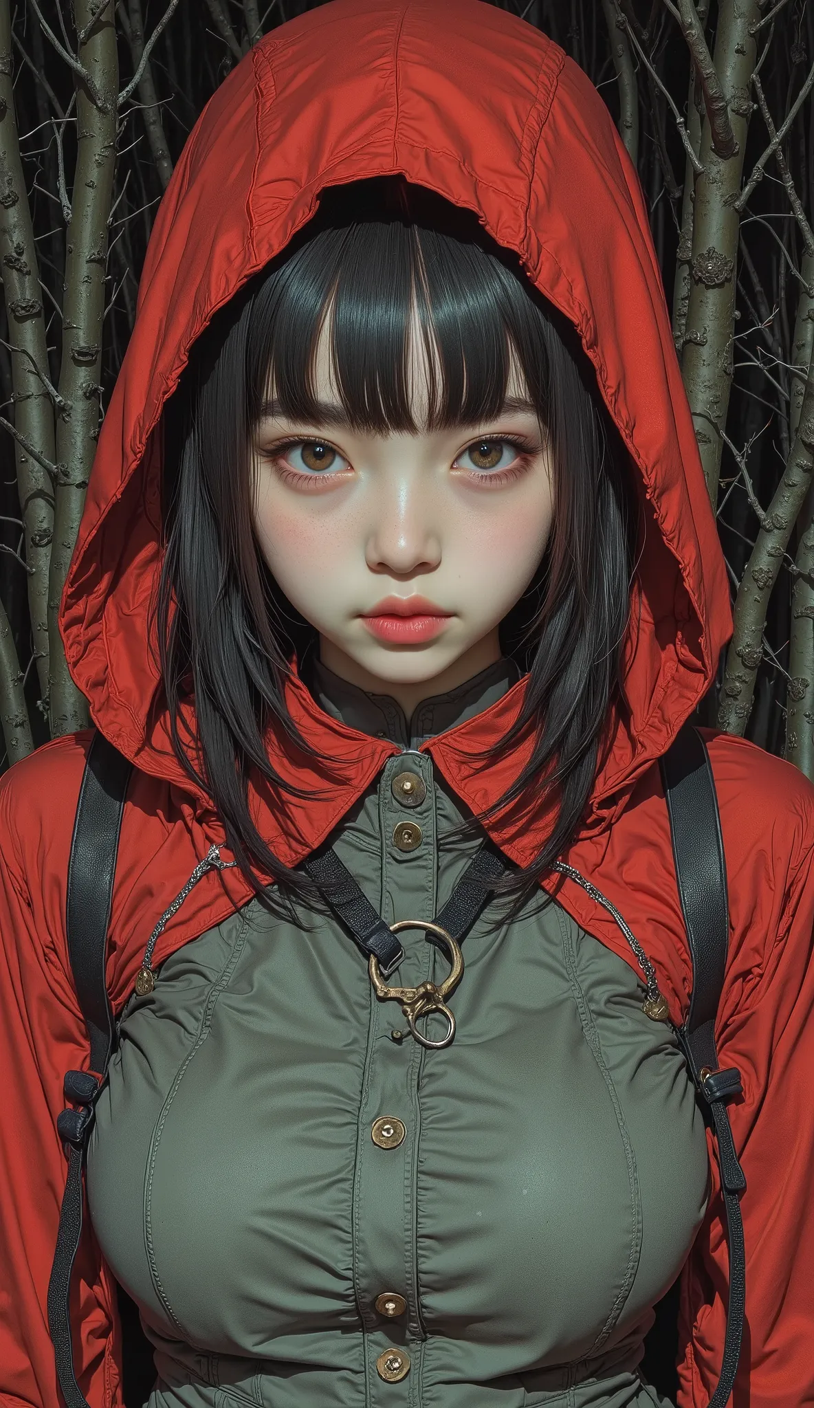 shot from above、There is a picture of Little Red Riding Hood,  Inspired by Katsuhiro Otomo , otomo katsuhiro style, by Otomo Katsuhiro,  Katsuhiro Otomo style, Artist: Otomo Katsuhiro, Dynamic Guidance Art, Dynamic Guidance Artwork, Otomo Katsuhiro、