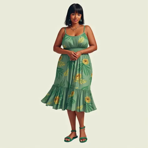 Brazilian woman, short straight hair and black, with necklace and green earrings, wearing a strap dress,  round neck, up to the middle of the leg,  below the knees , midi model, plus size, with hands folded in front of his body, green sandal, open legs as ...