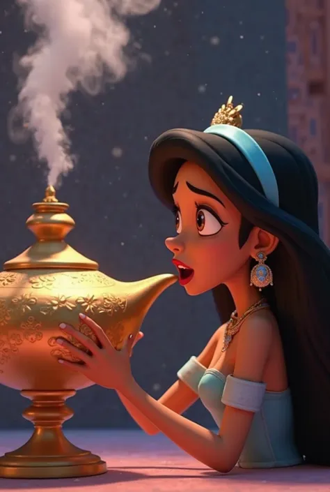 mature Princess Jasmine, age 35, grips the large spout of a giant ornate genies lamp so that it faces towards her - and when she opens her mouth, plumes of blur smoke shoots out of the tip of the tubular spout, washing over her enraptured face. Rendered in...