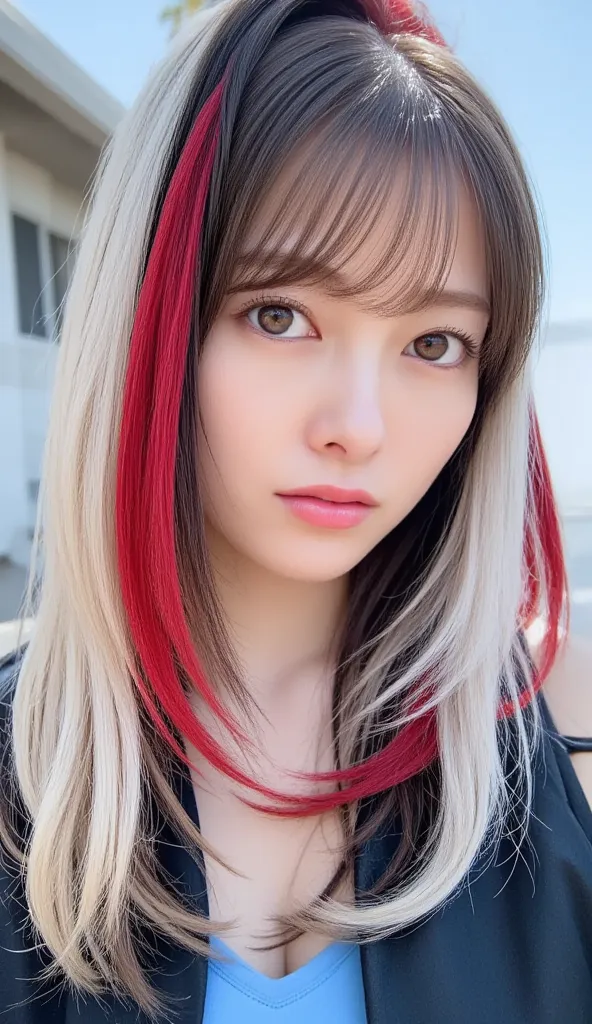 Silky smooth hair、Three hair colors: white blond hair, black hair, and red hair、Flush the bangs、 hairstyle is straight、Long hair up to chest、brown skin、uniform、、ponytail、ailor suit