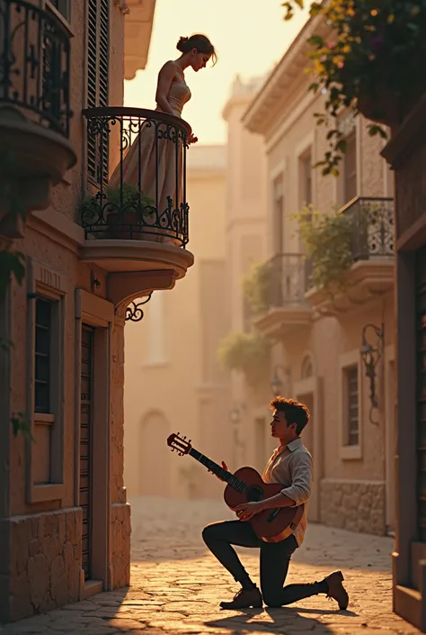 A guy serenading , with a guitar, a girl who's in a balcony. The boy is kneeling dow while the girl, whose wearing a dress, is looking down at him