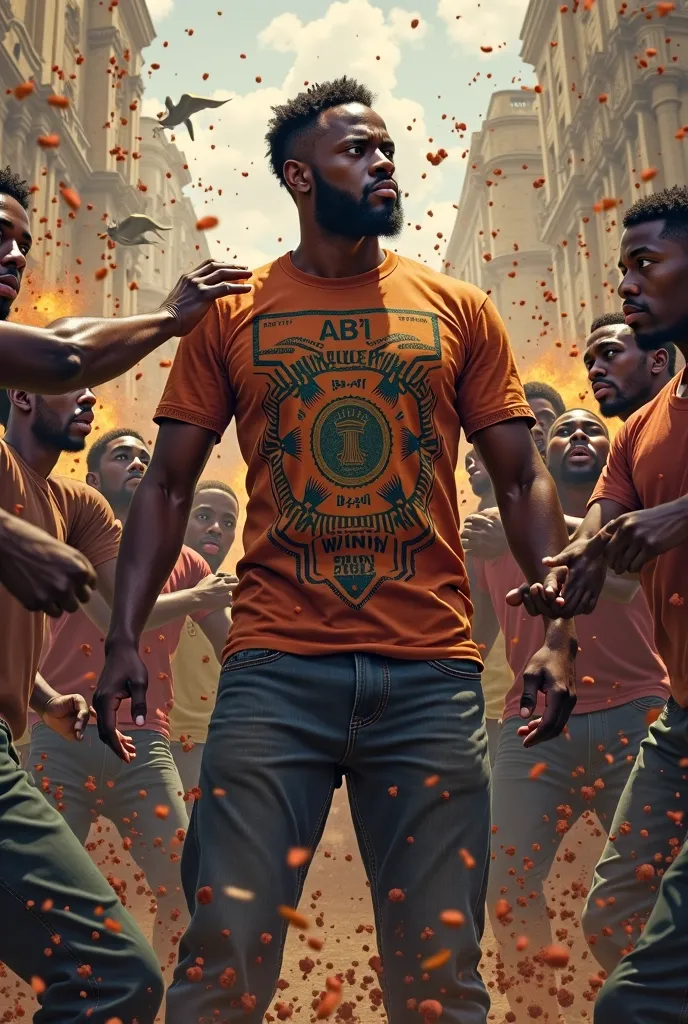 A black man wearing a t shirt titled ABII BUMAYONG  with a background of people fighting 