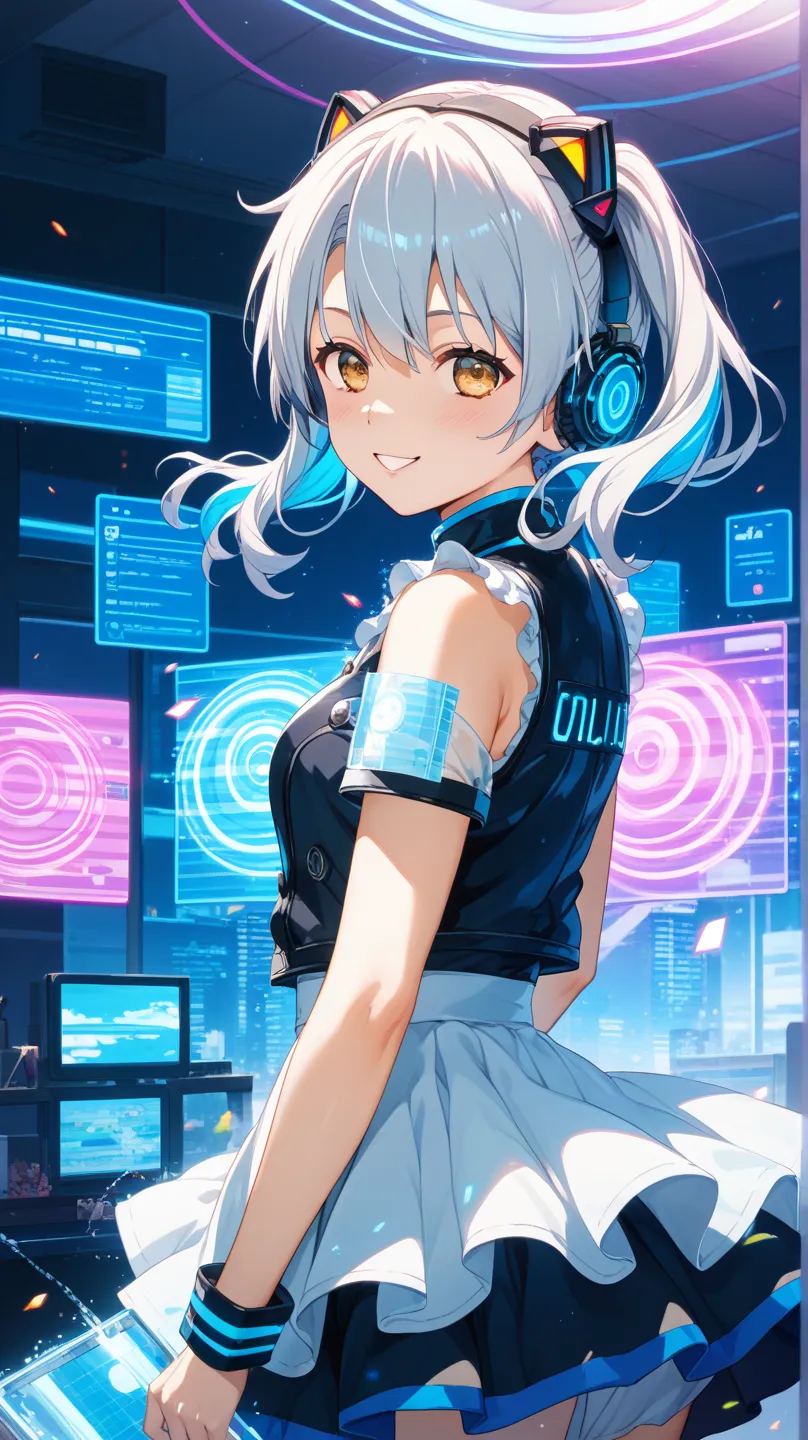 A pixelated holographic pattern floats on the cyberpunk-style vocalo-style female character。has long silver white hair and shiny golden eyes、黒と青の futureな衣装を身にまとう。the neon highlights adorn the costume、skirt。With a mask in one hand、with a mysterious smile fu...