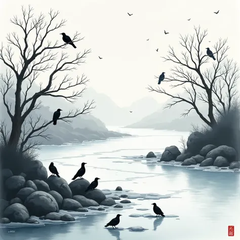 Chinese ink painting style, soft wash colors, delicate brushstrokes -- A desolate winter riverbank with jagged rocks, twelve black crows clustered on bare willow branches (some perched, others mid-flight), pale gray sky with snowflakes hinted by ink splatt...