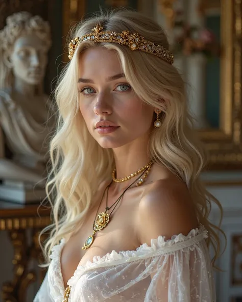 Portrait of a woman with a similar, innocent face, with long, wavy blonde hair and sky blue eyes. She wears a gold Roman diadem in her hair. Bold pose and a little back. Photograph where the model's full body is seen within the shot. She has jewels embedde...