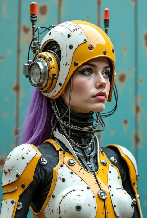 Surreal Cyber-Fantasy: A female cyborg, mechanical and robotic elements, white-yellow metal armor, intricate orange futuristic helmet, antennas, glowing tubes, cyberware, chrome implants, purple hair, rusty cyberpunk elements, scratched metal, teal wall, a...