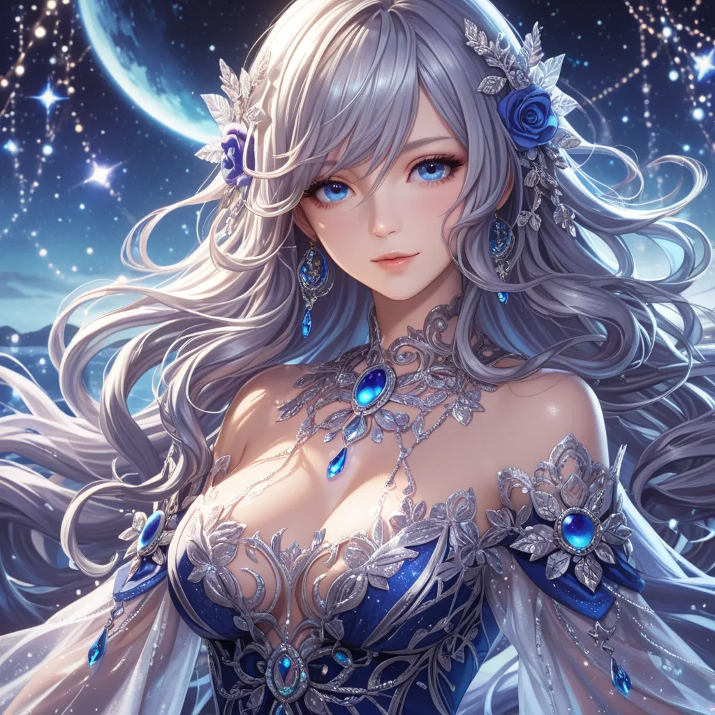 A stunningly beautiful and mature anime woman with long, flowing silver hair and mesmerizing deep blue eyes. Her flawless, radiant skin glows under the soft moonlight, highlighting her delicate yet striking features. She has an elegant and confident expres...