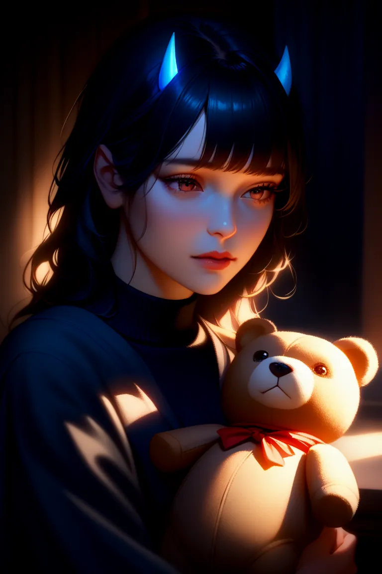 A black-haired woman with blue horns in a black turtleneck holds a teddy bear in her hands