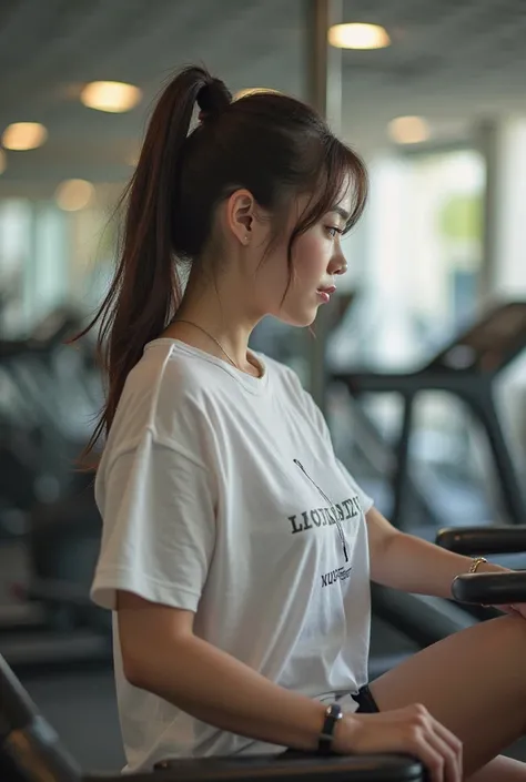 You make a woman sitting in the gym and turned mirrorshot. Ang babae ay simple lang nakasuot ng oversized t shirt at gym cycling. Make it look like just a shot of an android cellphone. Itim ang kulay ng buhok at nakaponytail