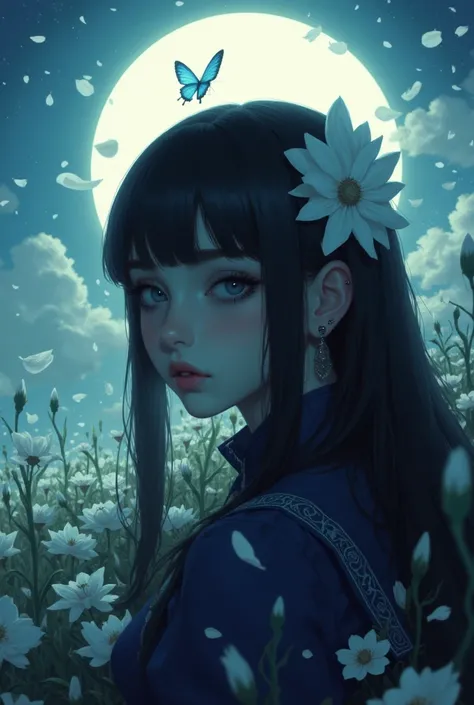 a digital painting of a young anime girl with a full moon behind her, flower, 1girl, hair ornament, blue eyes, hair flower, solo, black hair, bug, long hair, butterfly, moon, earrings, looking at viewer, jewelry, bangs, petals, white flower, holding