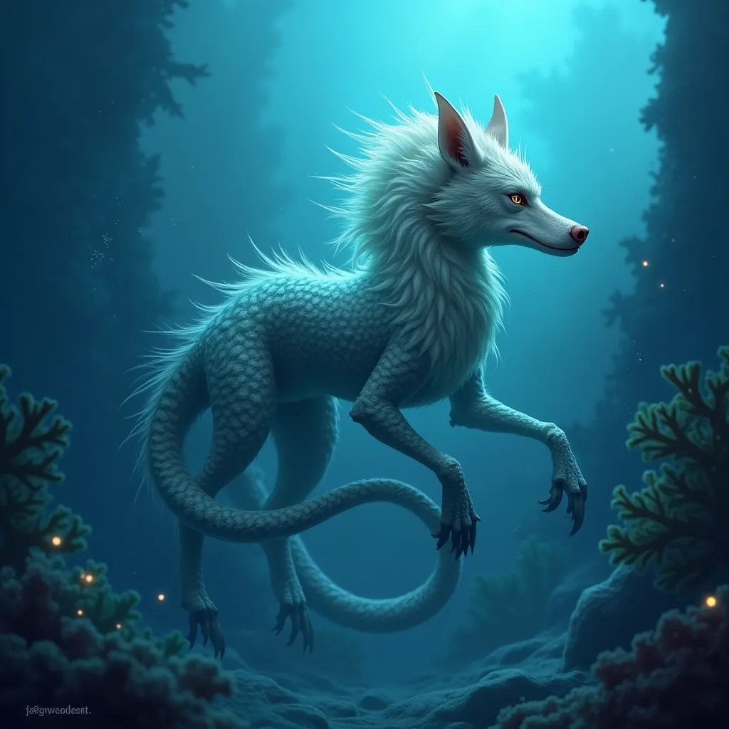 "Design a fantastical hybrid that combines the delicate form of a seahorse with the fierce energy of a wolf. The creature should have the elongated, curled tail of a seahorse but with a sleek, fur-covered upper body resembling a wolf. Its front limbs shoul...