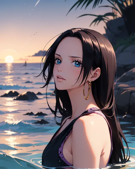 Boa Hancock (One Piece), Boa Hancock hair style, with long flowing black hair stands on the shore at sunset. She wears a shimmering, iridescent dress that reflects pastel hues of pink, purple, and blue, flowing gently in the ocean breeze. Her delicate feat...