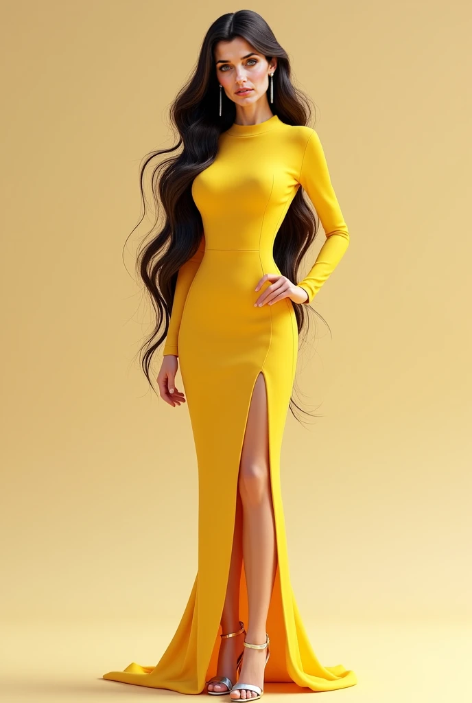  Woman, Realistic, long hair, wavy hair, dark honey hair with blonde highlights and black highlights, yellow dress with high collar transparent in the lap with long sleeves, fine silver high-heeled sandal, silver earring , small silver bag, The dress is al...