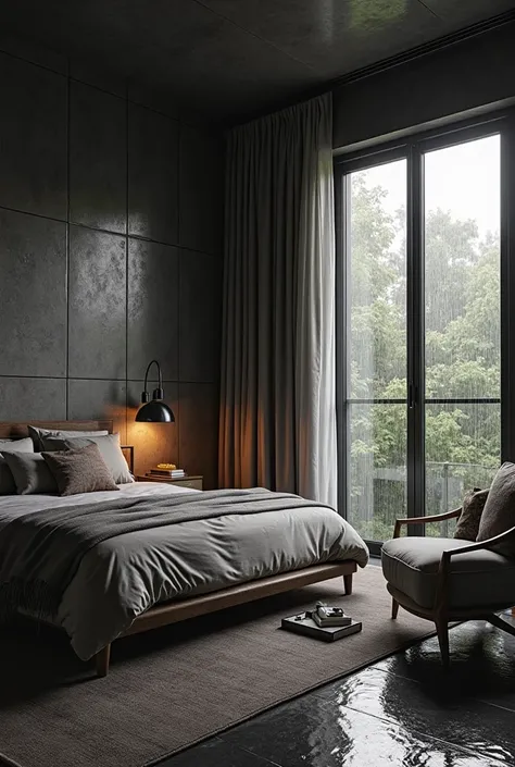 In a bedroom with dark tones, has a modern bed, a chair quiet relaxation and an exquisitely arranged small table. The wall of the room is tiled to create a classic accent, next to it is a large window that looks out, where the rain is falling gently. Natur...