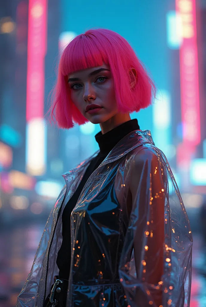 Syd Mead style futuristic cyber dieselpunk ,Look book Photo, Medium-Full Photo, European, Woman, Model, pink bob hair (confident pose), wearing a plastic (transparent) coat, in a neon city background, Soft Lighting,  in Syd Mead style