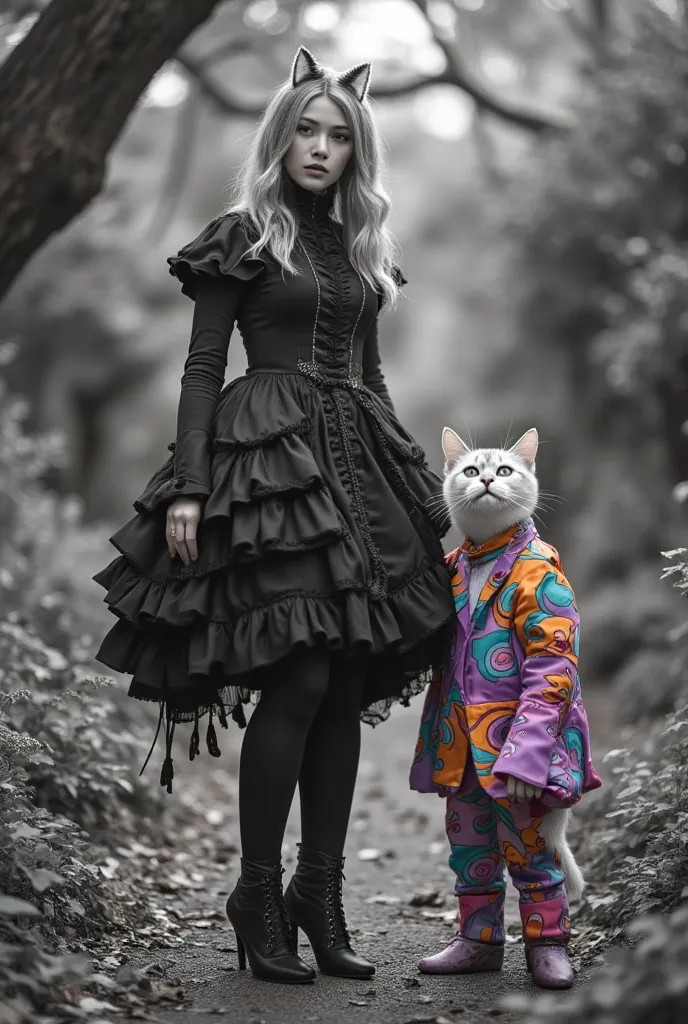 A surreal (((full-body image))) that captures the essence of an (((epic adventure in wonderland))), where Alice, the iconic character from Alice in Wonderland, stands out in a (((black and white, sharply detailed outfit))), reminiscent of her classic style...