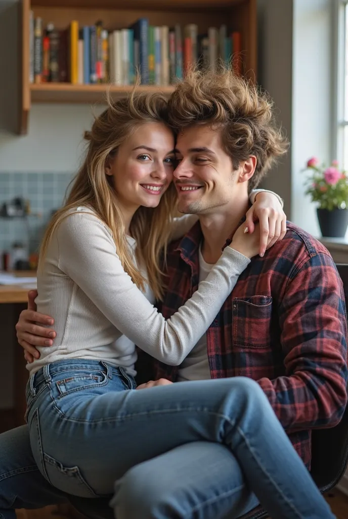 Create an image for me of a 21-year-old, beautiful, blonde-haired, blue-eyed girl sitting on the thigh of a 24-year-old, brown-haired, blue-eyed guy. The girl is wrapping her arms around the guy's neck, and both of their hair is humorously standing up in t...