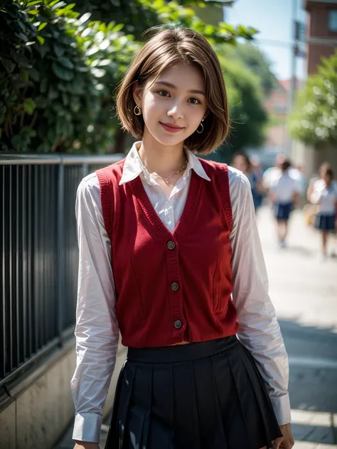 Top quality, ultra high resolution, realistic, Beautiful Woman, Beautiful detail eyes and skin, smile, Light brown short-cut hair. She is wearing (small earring, tiny necklace, school uniform:1.3, collared white shirt, red vest, royal blue frilled skirt), ...