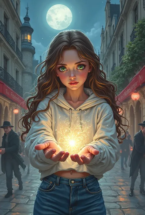  Anime 2d girl with long flowing brown hair, curled, no bangs on her forehead, green eyes in a white hoodie and jeans, casting a spell to attack vampires in 18th century Paris