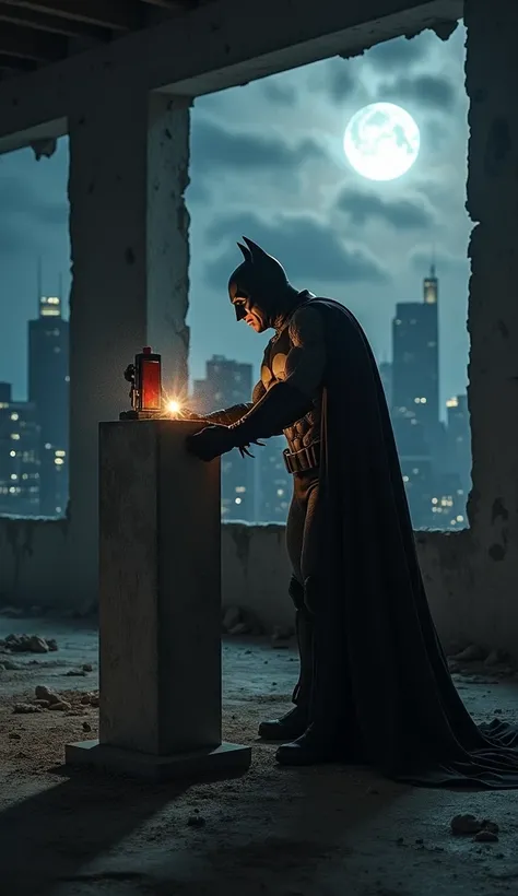 "Create a high-stakes, dramatic scene inside a dark, abandoned building. Batman, in his iconic suit, is stealthily placing a small, high-tech explosive device on a concrete pillar. The building is crumbling, with broken windows and debris scattered across ...