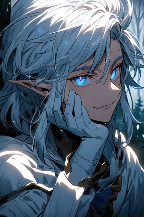 Anime-style image featuring a male Elf,  He has silver hair,  long and feathered reaching your shoulders ,   vibrant blue eyes  , a face with a calm expression, He wears medium scaled armor and with a white robe,  He is in a snow-covered forest 