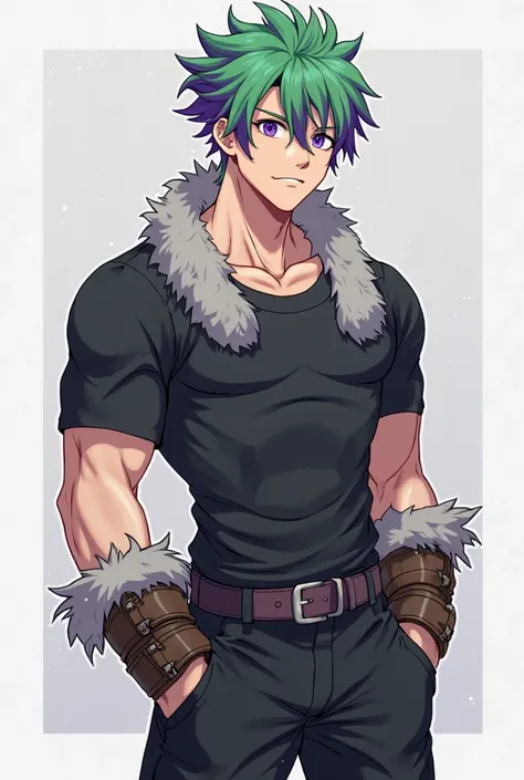  Anime boy,  Green hair with purple tips, short hair on the sides and longer on the top, violet eyes ,  muscular ,  black pants ,  black shirt,without gloves, furry leather winter clothes